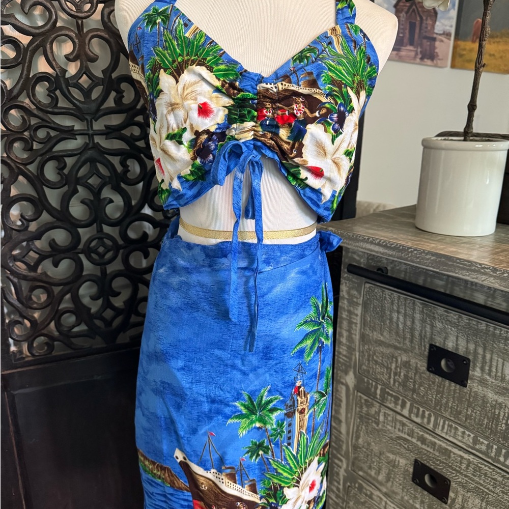 Tropical Blue Two-Piece Dress with Floral Print
